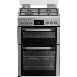 Hotpoint HDG6GDCWX 60cm Gas Double Oven Cooker with Glass Lid - Stainless Steel Finish