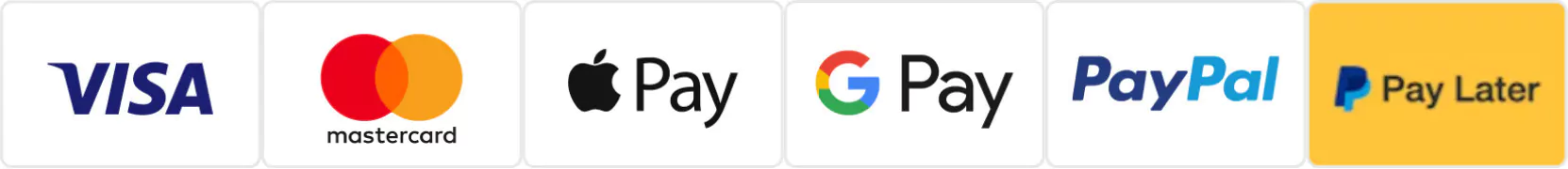 We accept Visa, Mastercard, Apple Pay, Google Pay, PayPal and Pay Later