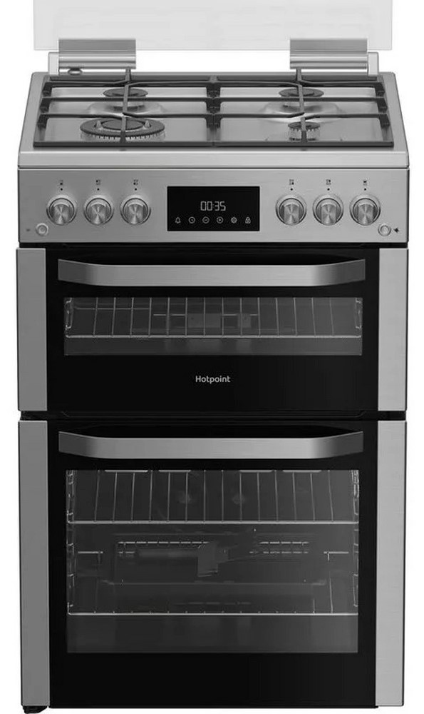 Hotpoint HDG6GDCWX 60cm Gas Double Oven Cooker with Glass Lid - Stainless Steel Finish